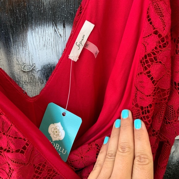 NWT Red Ruffle Lace Wrap Midi Asymmetrical Dress - OBO!! - Picture 7 of 10